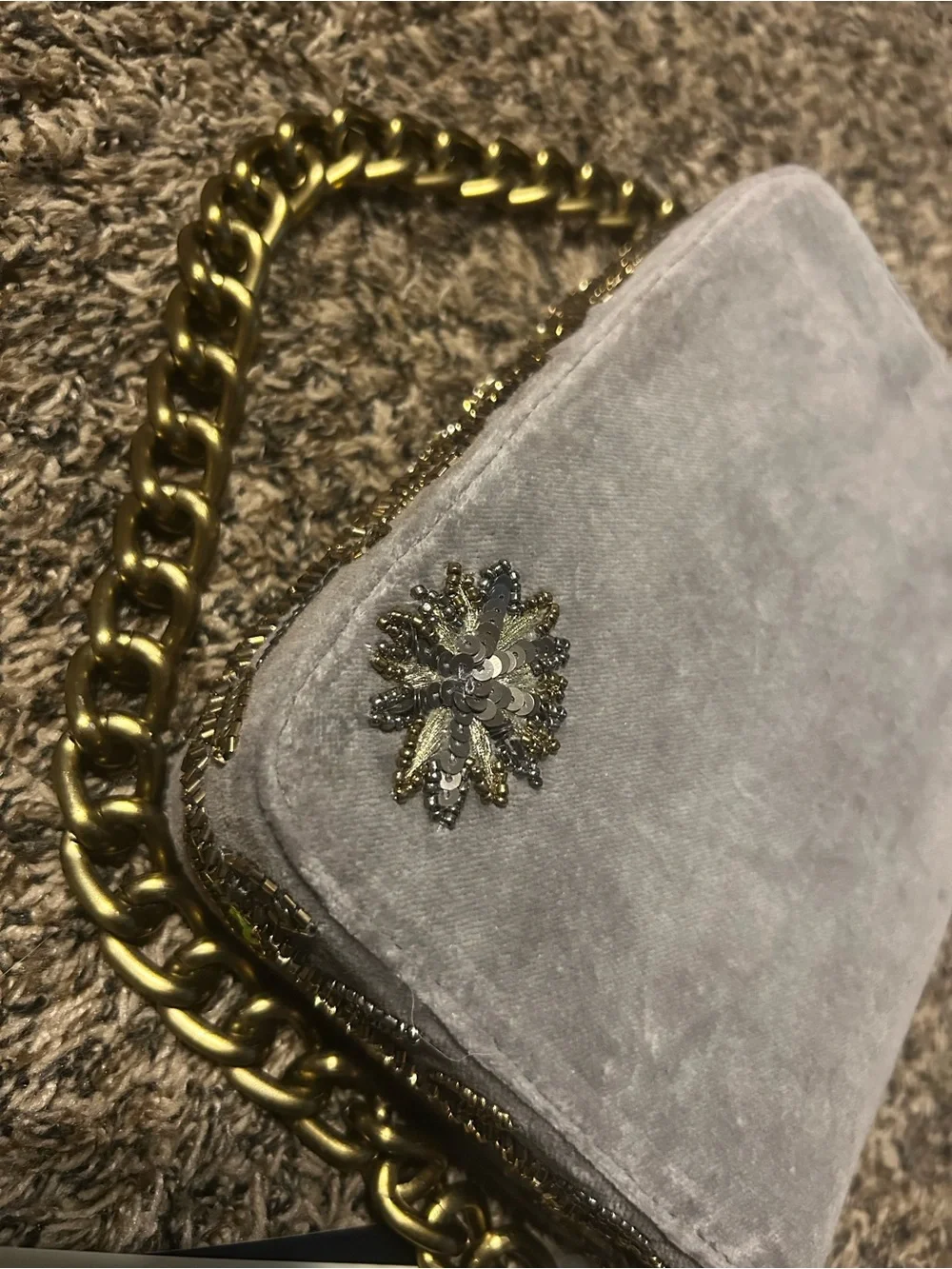 Hand Beaded Gray Velvet Shoulder Bag with Gold Chain